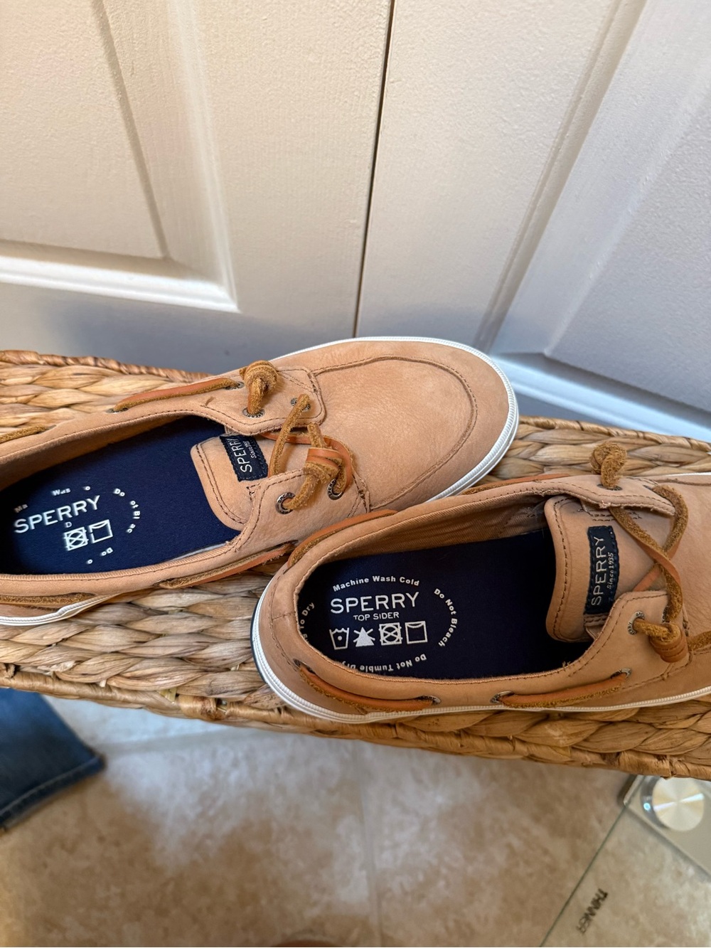 Sperry Women's Tan Canvas 2-Eye Boat Shoes with White Sole - Picture 2 of 4